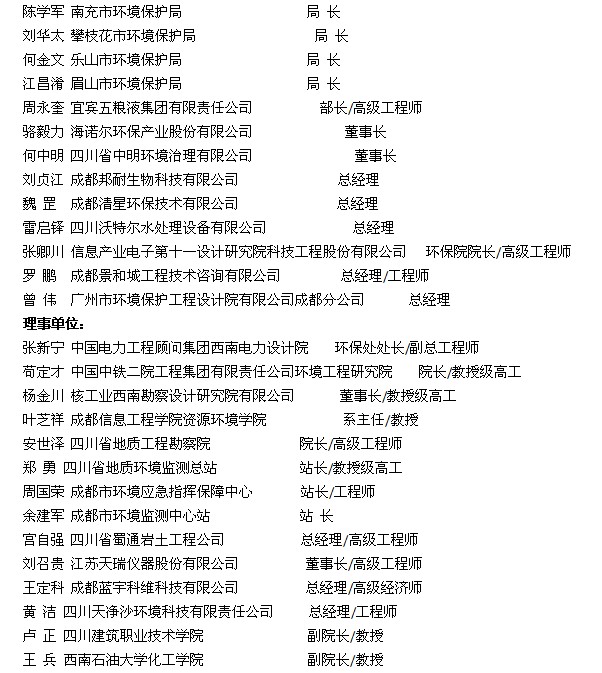 四川省環境科學學會第七屆理事會領導成員名單